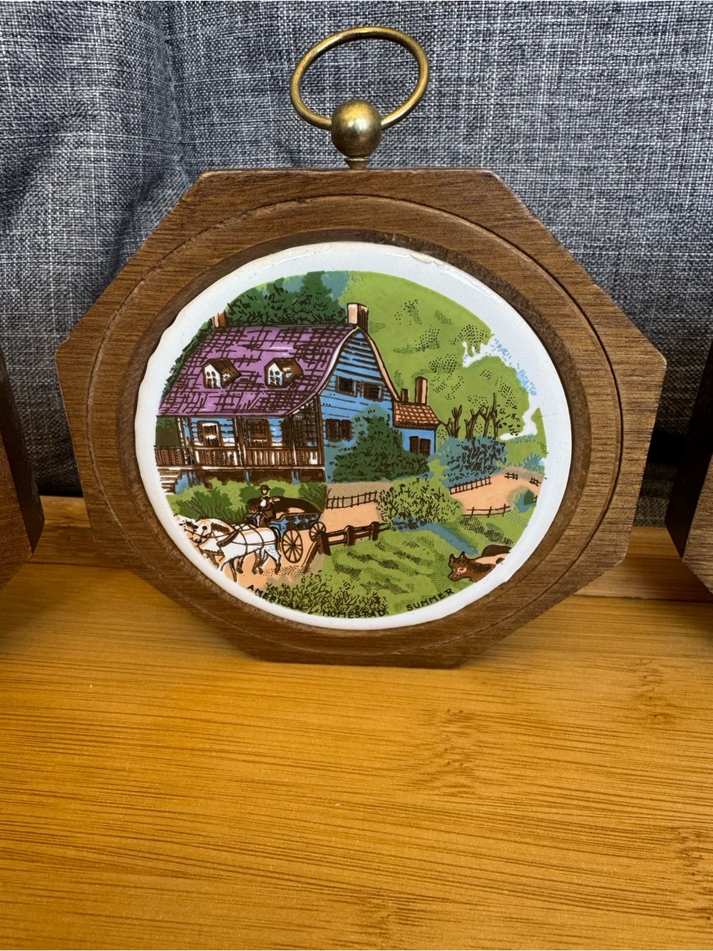 Set of 4 Vintage Currier & Ives Four Seasons Wood Framed Ceramic Wall Decor - Picture 5 of 9